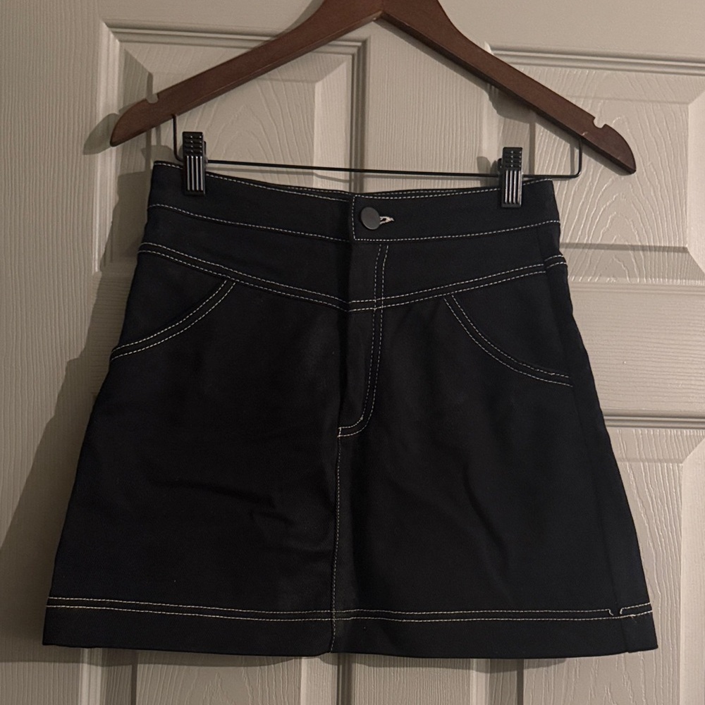 Zara black denim skirt with white stitching